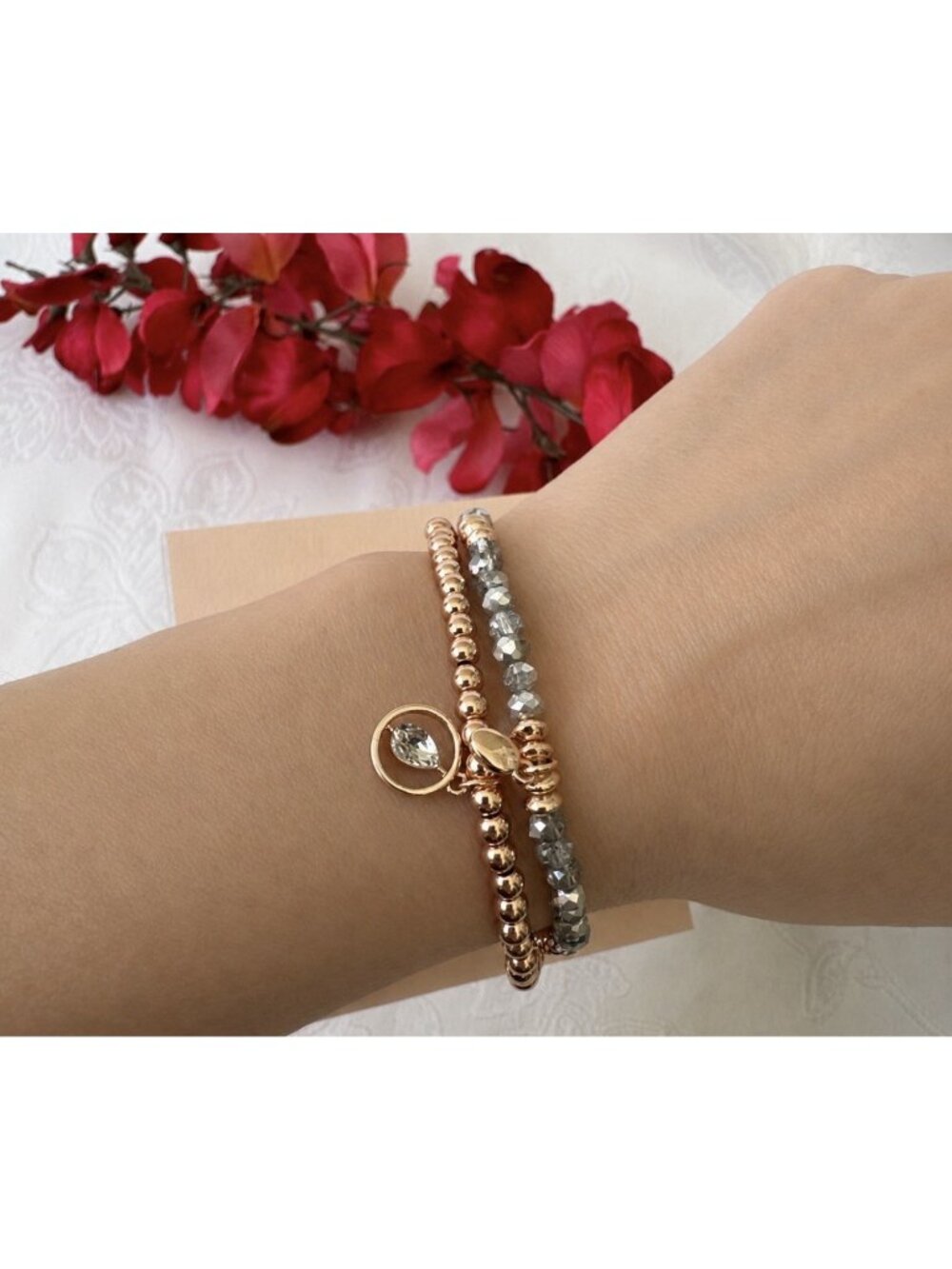 Bijoux Bar Delicates Dainty Silver Goldtone 2 Bracelet Gray Rhinestone Beads NEW